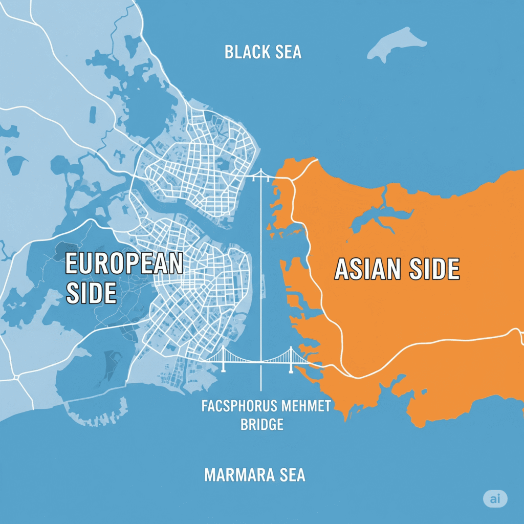 Map showing the European and Asian sides of Istanbul with key neighborhoods highlighted