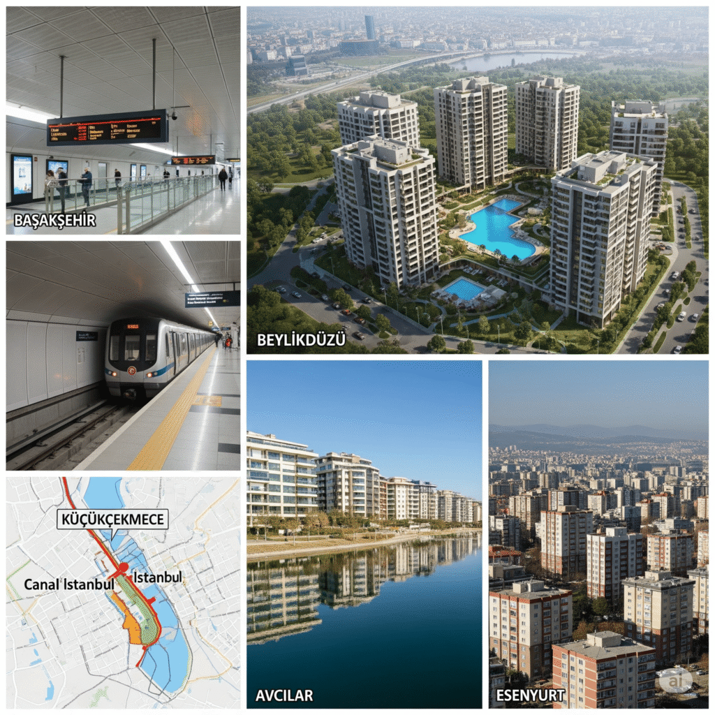 Beylikdüzü: Aerial photo of modern apartment complexes in Beylikdüzü district

Başakşehir: Smart city features and metro infrastructure in Başakşehir Istanbul

Avcılar: Scenic view of Küçükçekmece Lake from Avcılar residential area

Küçükçekmece: Map highlighting Küçükçekmece and proximity to Canal Istanbul project

Esenyurt: High-rise budget-friendly apartments in Esenyurt with city backdrop