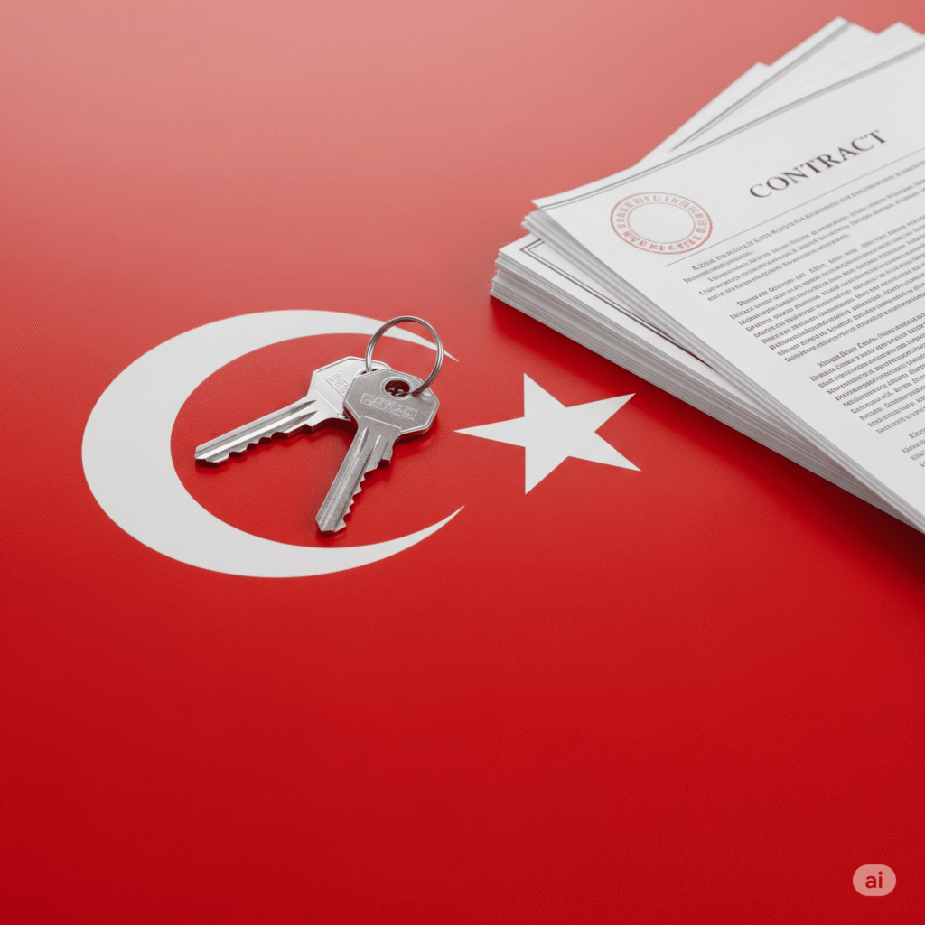 Turkish title deed (Tapu) and house key on top of Turkish flag background