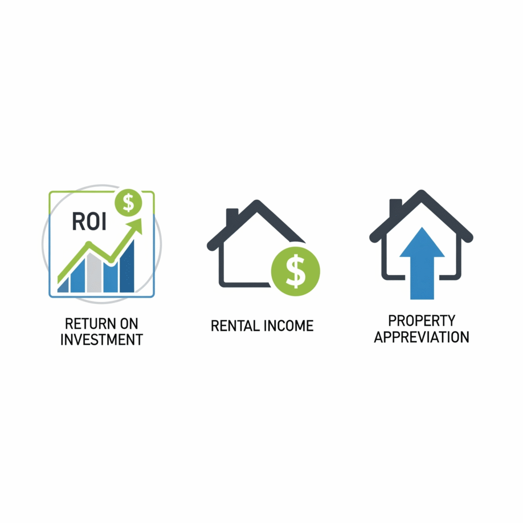 Real estate market trend icons including ROI, rental income, and appreciation

