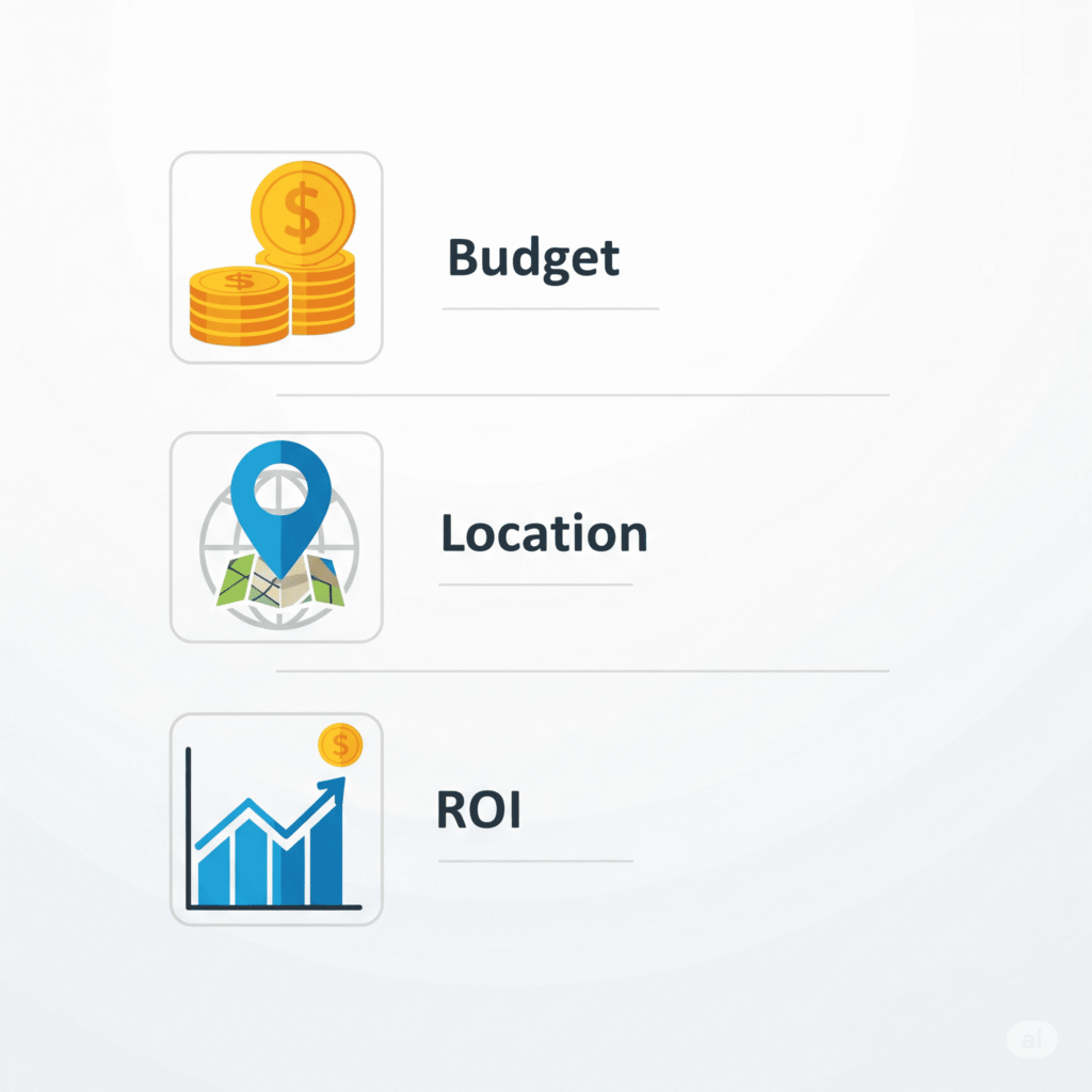 Checklist graphic with icons for budget, location, property type, and investment tips

