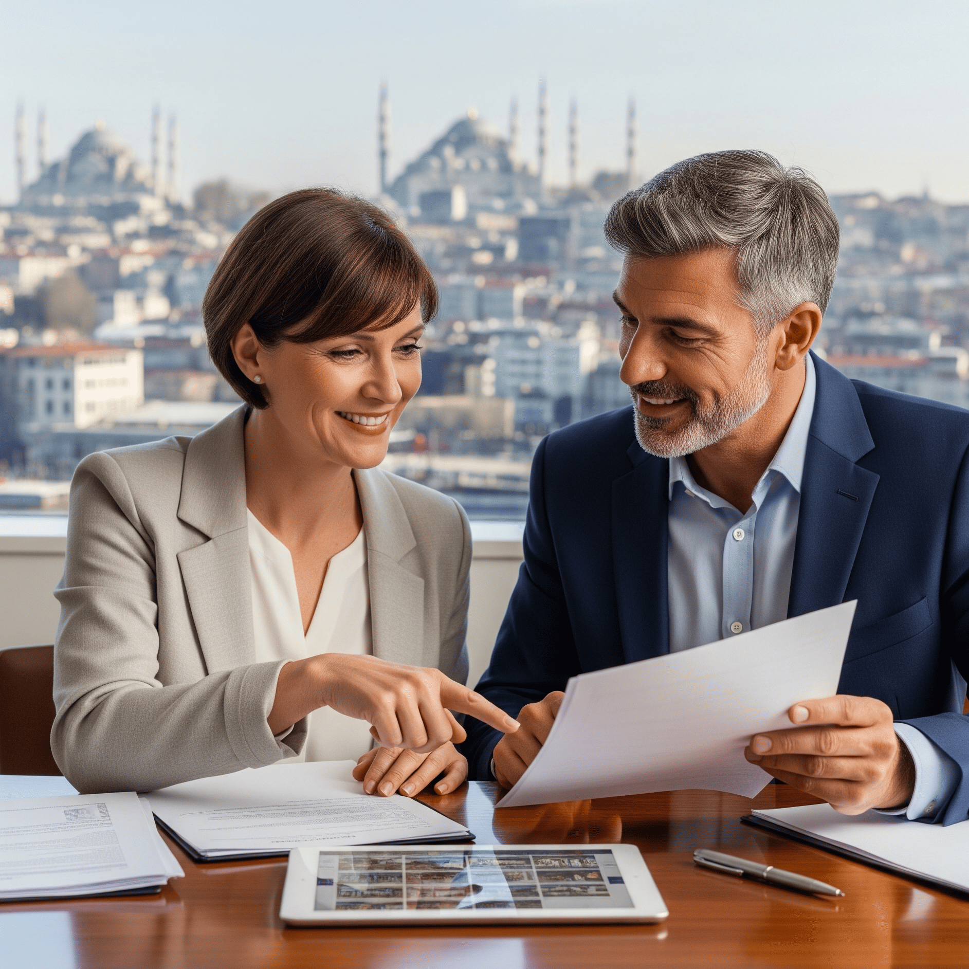 Investors reviewing property contracts with Fatih Istanbul skyline view.