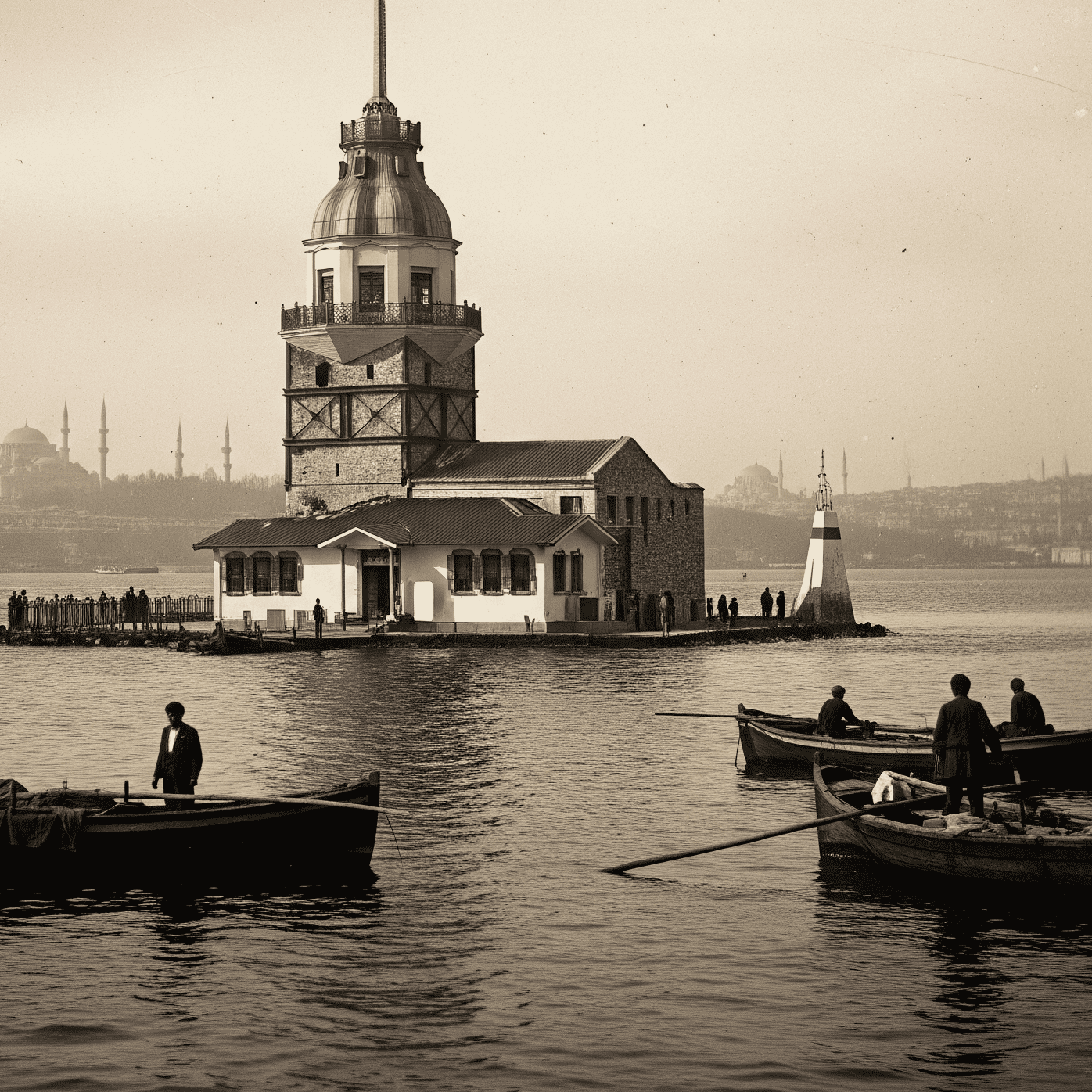 Historical painting of the Maiden Tower in Istanbul.