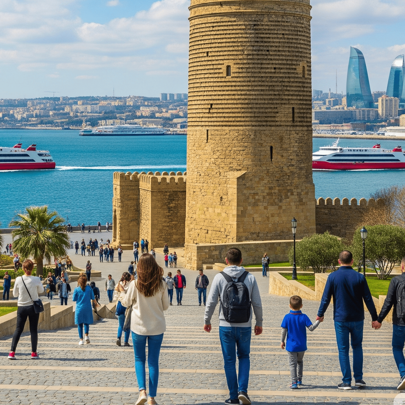 Tourists visiting Maiden Tower in the Bosphorus.