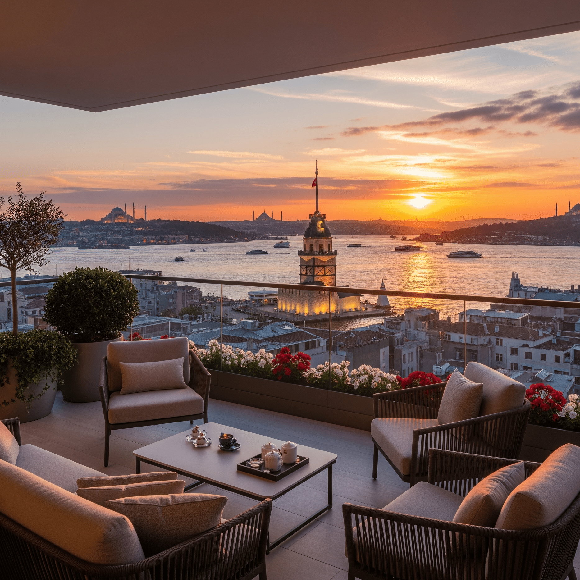 Luxury home with balcony view of Maiden Tower in Istanbul.