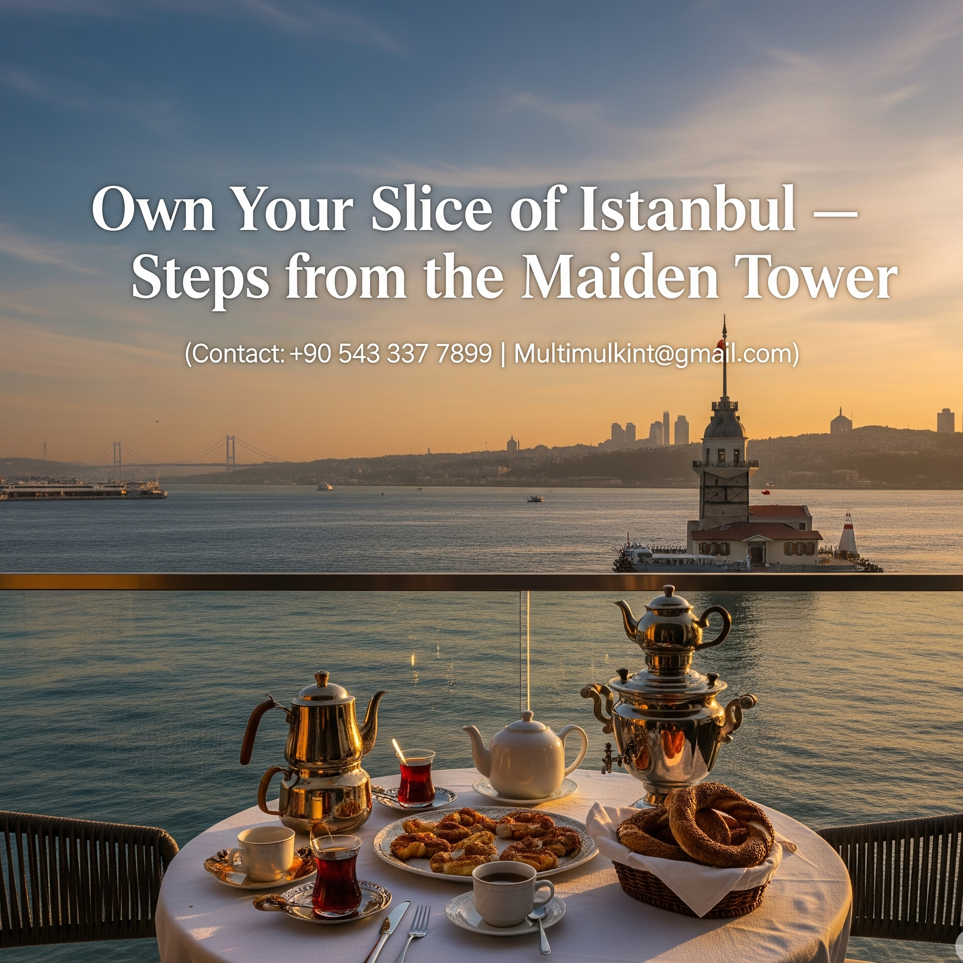 Luxury waterfront apartment balcony overlooking the Maiden Tower in Istanbul at sunrise, with Turkish tea on the table — real estate investment near iconic landmark.
